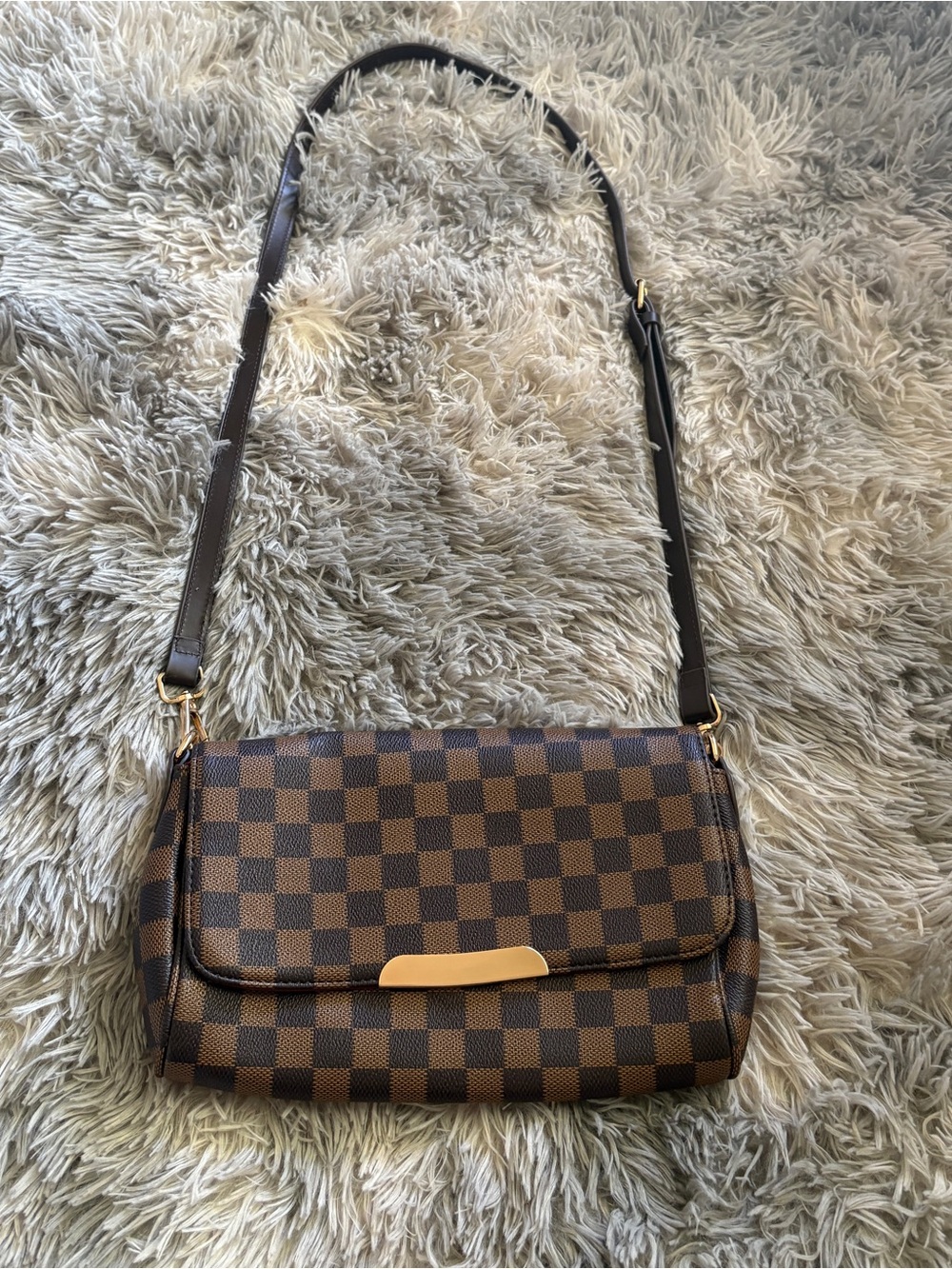 Brown Checkered Crossbody Shoulder Bag with gold hardware.